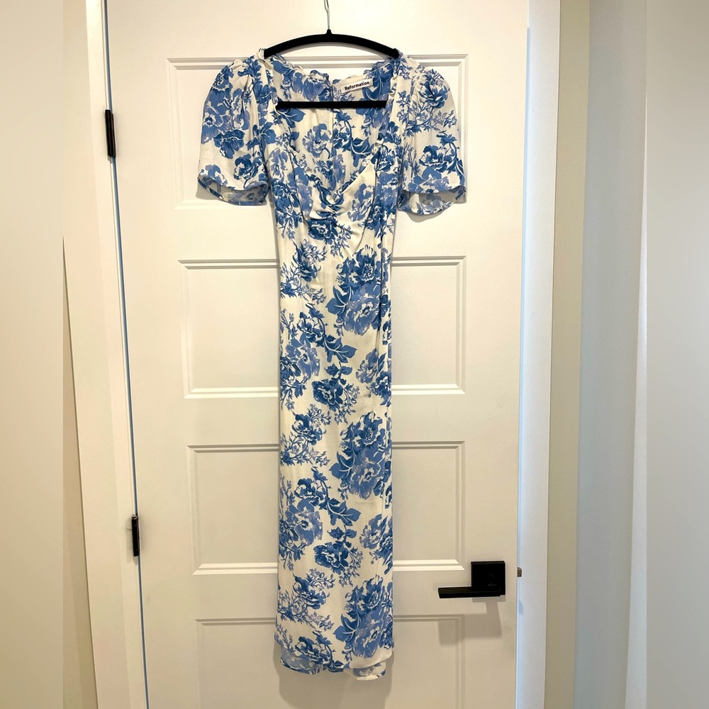 Reformation | Marfa Ruffle Trim Sweetheart Midi Dress in Olympia | Size 2 - Picture 4 of 7